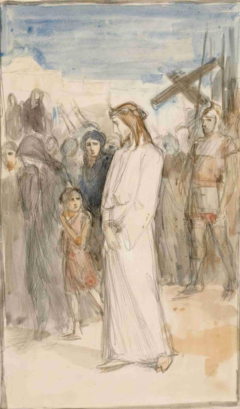 Christ Is Taken To Calvary,Albert Edelfelt,Oil Painting,Oil Painting, multiple boys, multiple girls, sketch