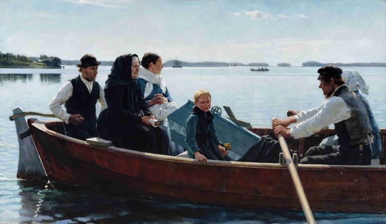 Conveying The Child's Coffin (A Child's Funeral),Albert Edelfelt,Oil Painting,Oil Painting, watercraft, boat