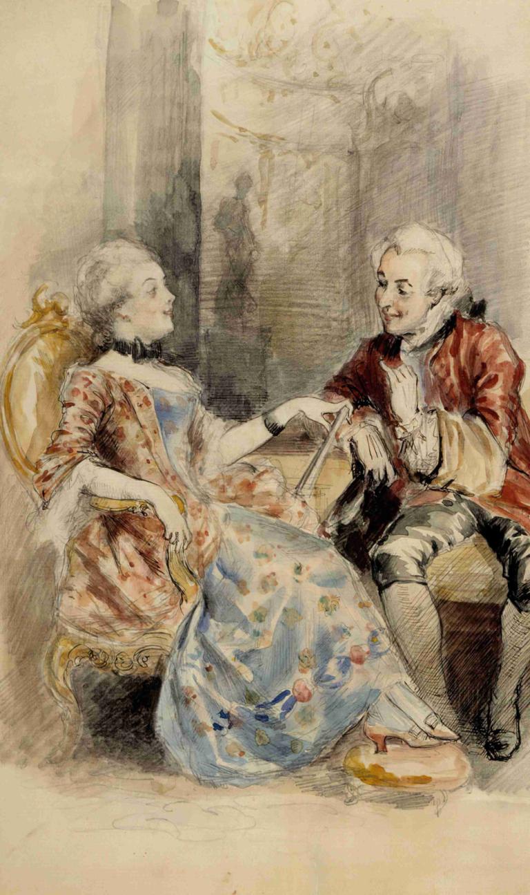 Couple Having a Conversation, Rococo Attire,Pasangan yang sedang bercakap-cakap