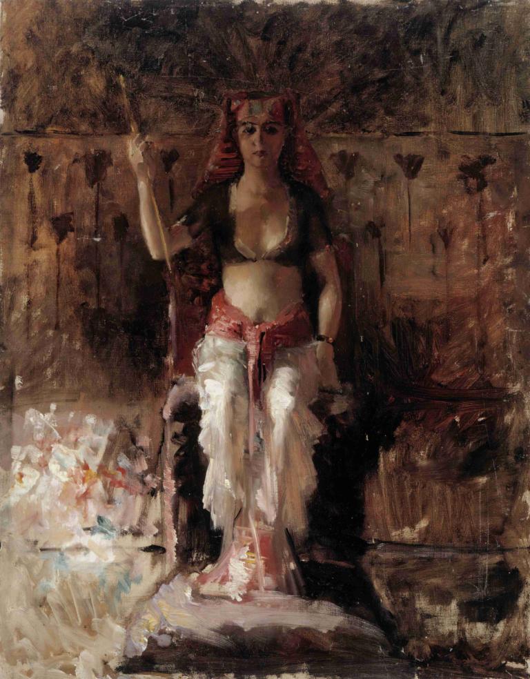 Egyptian Queen,Albert Edelfelt,Oil Painting,Oil Painting, 1girl, solo, breasts, midriff