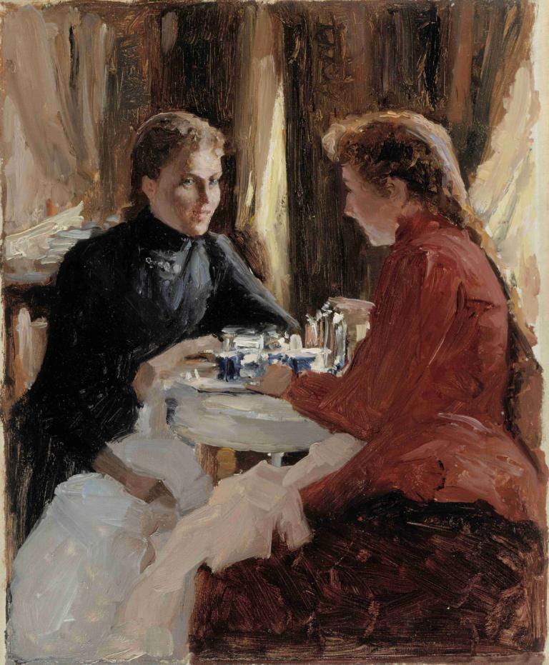 Elevenses,Albert Edelfelt,Olieverf,Olieverf, parodie op beeldende kunst, bruin haar, zitten, tafel