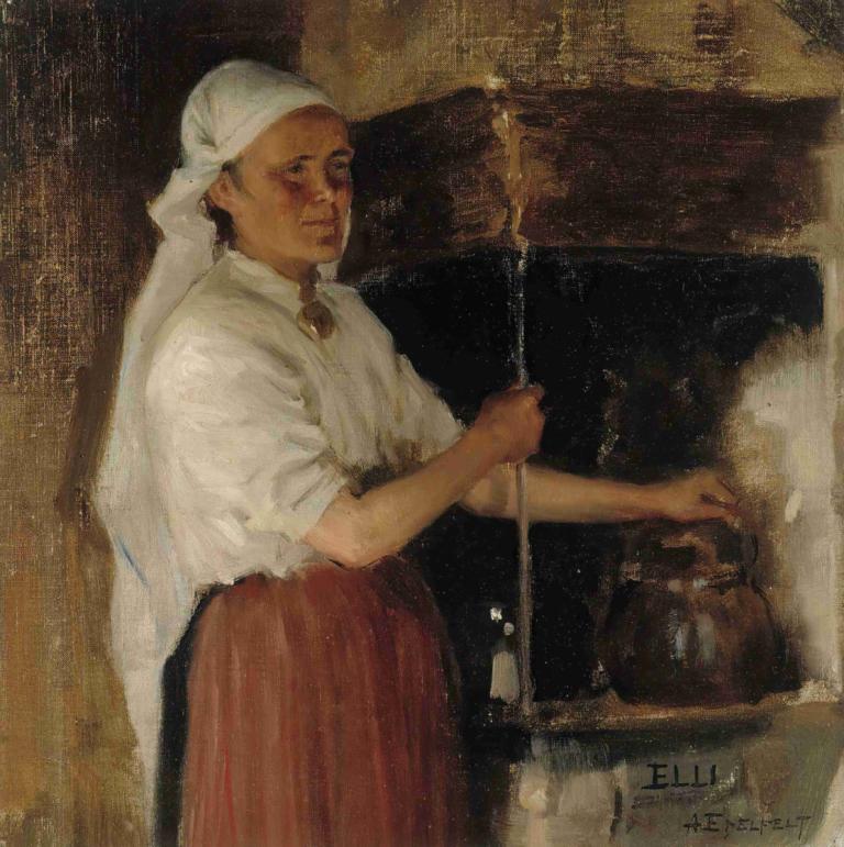 Elli Jäppinen at the Stove, study,스토브의 엘리 예피넨, 스터디,Albert Edelfelt,알버트 에델펠트,오일 페인팅,오일 페인팅, 미술 패러디, 독주, 1남