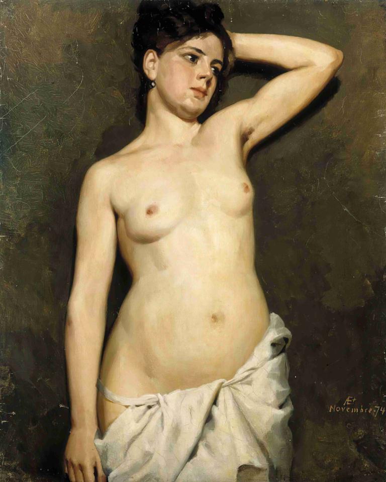 Female Nude, Study,Albert Edelfelt,Oil Painting,Oil Painting, 1girl, solo, nipples, realistic, breasts, navel