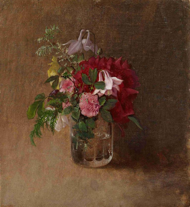 Flowers in a Glass,Albert Edelfelt,Oil Painting,Oil Painting, no humans, flower, red flower, still life, rose