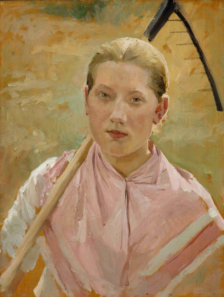 Girl With A Rake, Study For August,Albert Edelfelt,Oil Painting,Oil Painting, solo, blonde hair, 1boy