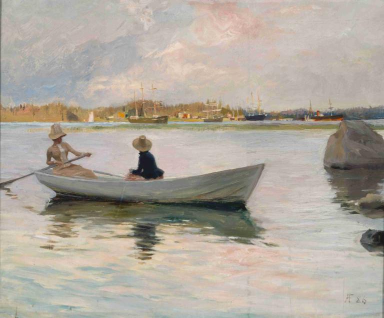 Girls in a Rowing Boat,Albert Edelfelt,Oil Painting,Oil Painting, watercraft, boat, outdoors, water, hat