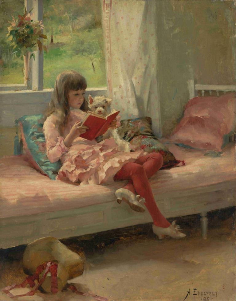 Good Friends I (Berta and Capi),《好朋友I》(伯塔和卡皮),Albert Edelfelt,艾伯特·埃德爾費爾特,油畫,油畫, 1個女孩, 書, 閱讀, 坐著, 窗戶, 打開書, 枕頭