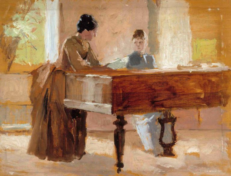 In The Drawing Room At Haikko, Study For An Old Tune,Albert Edelfelt,Oil Painting,Oil Painting, 1girl, table