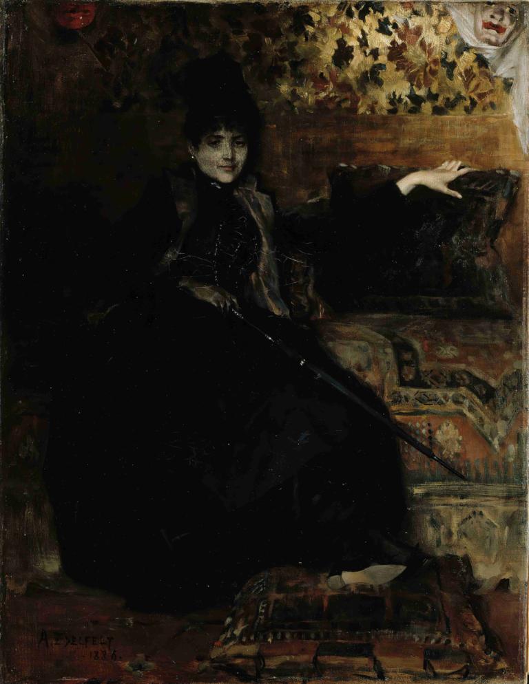 Lady In Black, Seated (Thérèse Noire),黒衣の貴婦人、着席（テレーズ・ノワール）,Albert Edelfelt,アルバート・エーデルフェルト,油絵,油絵, ソロ, 黒髪