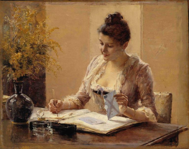 Lady Writing a Letter,正在寫信的女士,Albert Edelfelt,艾伯特·埃德爾費爾特,油畫,油畫, 1個女孩, 獨奏, 書, 桌子, 植物, 實際的, 傳統媒體, 坐著, 美術模仿, 黑髮