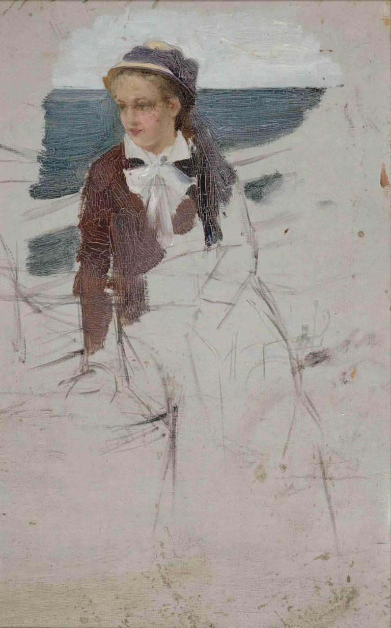 Laivan kaiteen ääressä istuva nainen, luonnos,Albert Edelfelt,Oil Painting,Oil Painting, 1girl, solo, sitting