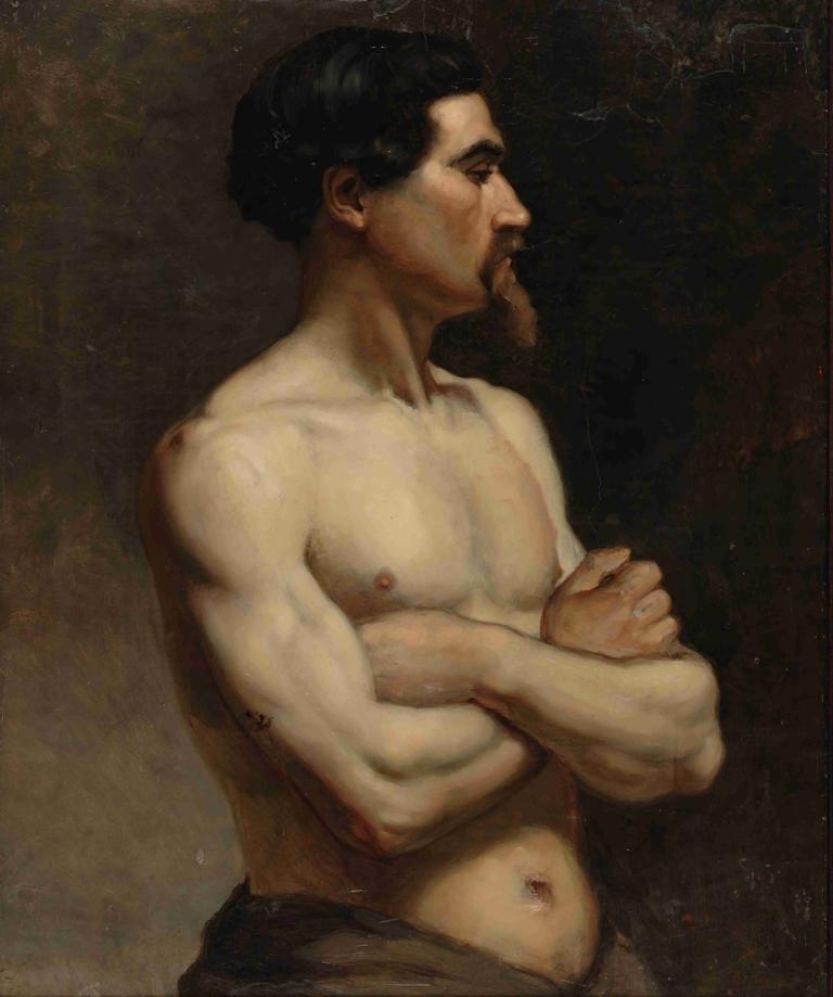 Male Model, Academy Study,男模特，學院研究,Albert Edelfelt,艾伯特·埃德爾費爾特,油畫,油畫, 男性焦點, 1男孩, 獨奏, 鬍子, 雙臂交叉, 臍, 黑髮, 實際的