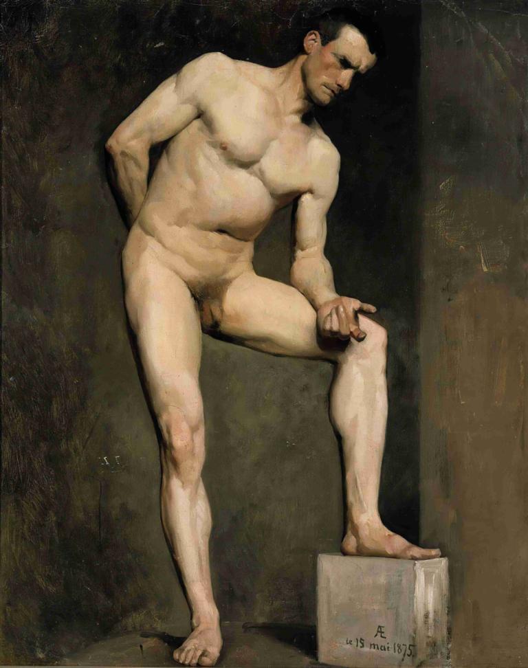 Male Model, Academy Study,Albert Edelfelt,Oil Painting,Oil Painting, male focus, solo, 1boy, nude