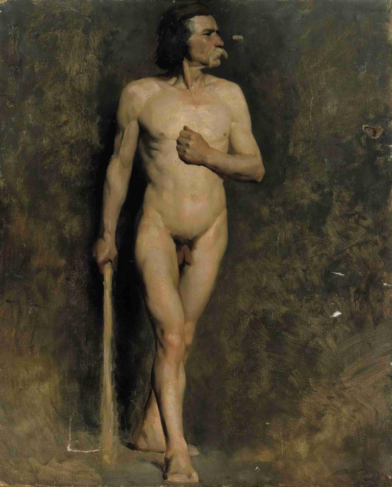 Male model,男模,Albert Edelfelt,艾伯特·埃德爾費爾特,油畫,油畫, 美術模仿, 男性焦點, 獨奏, 1男孩, 鬆弛, 陰莖, 裸體, 鬍子, 乳頭, 完全裸體, 保持, 全身, 實際的