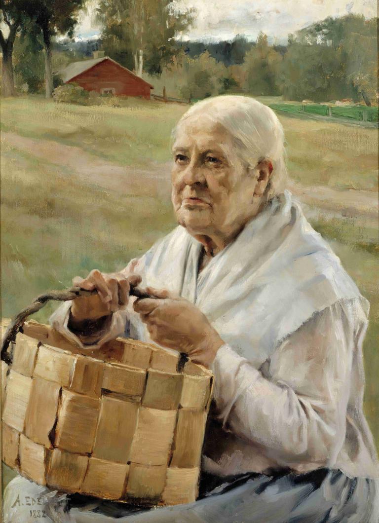 Old Woman With A Chip Basket,Gammel kvinde med en chipskurv,Albert Edelfelt,Oliemaleri,Oliemaleri, 1 dreng