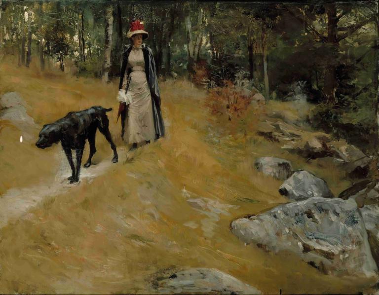 On The Shore Bank (Annie Edelfelt With A Dog),Sahil Kıyısında (Annie Edelfelt Bir Köpekle),Albert Edelfelt