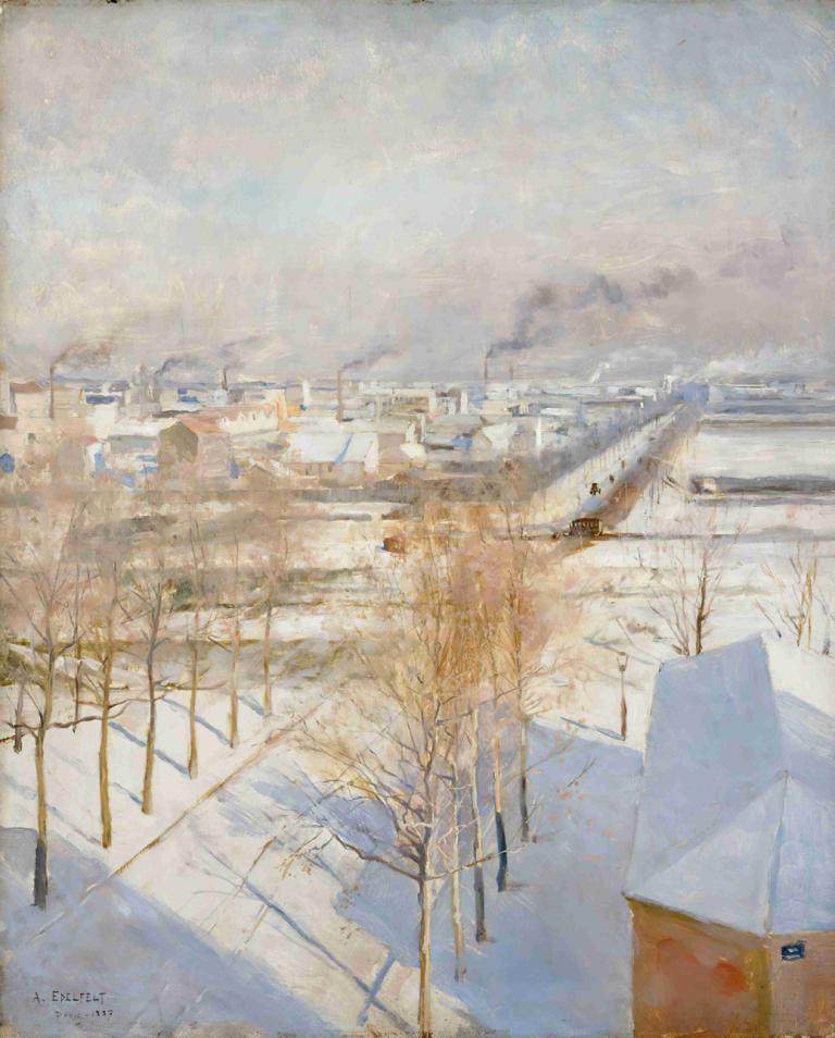 Paris in Snow,눈 내리는 파리,Albert Edelfelt,알버트 에델펠트,오일 페인팅,오일 페인팅, 인간은 없어, 경치, 나무, 옥외, 벌거벗은 나무, 전통 미디어, 하늘, 눈, 구름