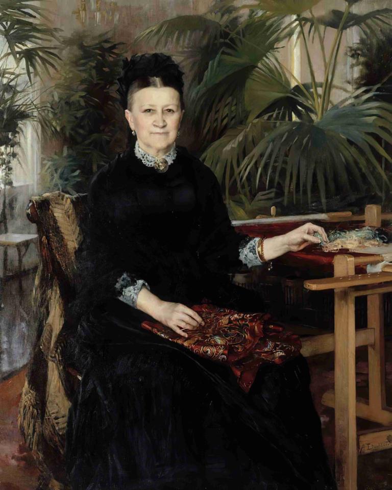 Portrait Of Mrs. Anna Sinebrychoff,アンナ・シネブリチョフ夫人の肖像,Albert Edelfelt,アルバート・エーデルフェルト,油絵,油絵, ソロ, 黒髪, ドレス, 1女の子