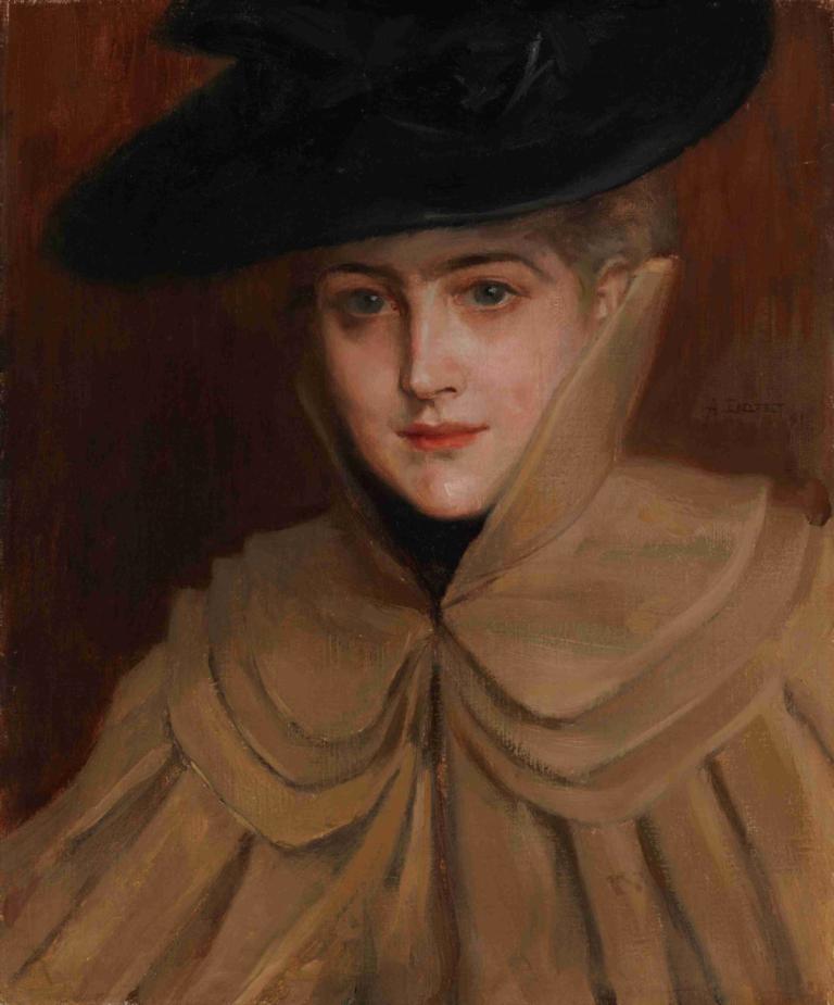 Portrait of a Young Woman,젊은 여성의 초상,Albert Edelfelt,알버트 에델펠트,오일 페인팅,오일 페인팅, 독주, 모자, 남성 집중, 1남, 뷰어를보고, 웃다