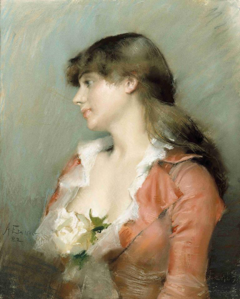 Profile Of A Young Woman,Profil af en ung kvinde,Albert Edelfelt,Oliemaleri,Oliemaleri, 1 pige, solo, blomst