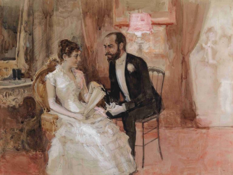 Scene At The Ball,舞会现场,Albert Edelfelt,阿尔伯特-埃德尔费尔特,油画,油画, 1个女孩, 裙子, 1男孩, 美术模仿, 坐着, 椅子, 胡子, 胡须, 正式的, 婚纱, 假传统媒体