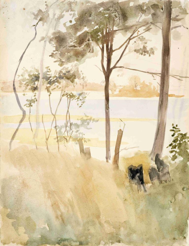 Seashore at Haikko in Autumn,秋天的海子海岸,Albert Edelfelt,阿尔伯特-埃德尔费尔特,油画,油画, 树, 没有人类, 户外, 狗, 风景, 绘画（中）, 传统媒体