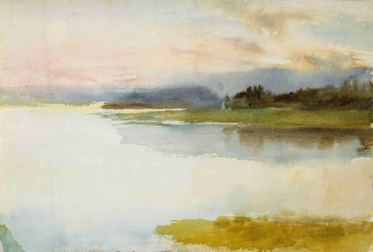 Seashore in the Evening ; Landscape, Evening,傍晚的海滨；风景，傍晚,Albert Edelfelt,阿尔伯特-埃德尔费尔特,油画,油画, 没有人类, 风景, 户外