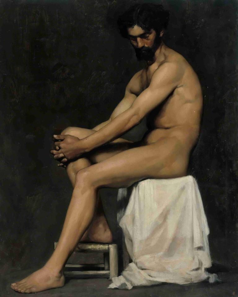 Seated Man,座る男,Albert Edelfelt,アルバート・エーデルフェルト,油絵,油絵, 男性の焦点, 男の子1人, ソロ, 美術パロディ, ヌード, あごひげ, 座っている, 顔の毛, スツール