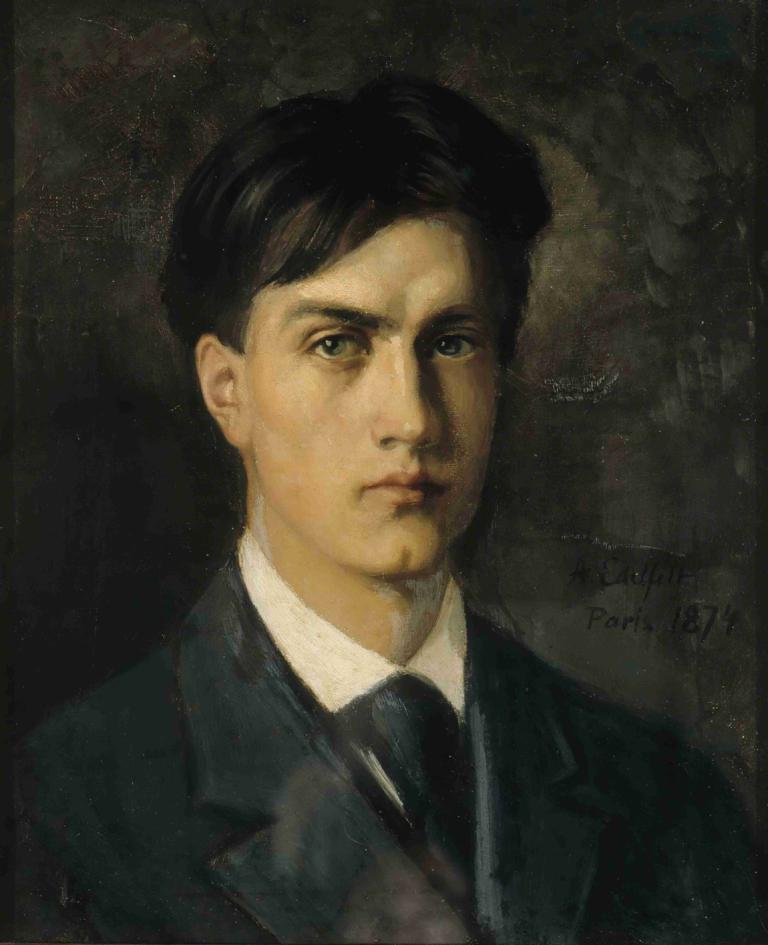 Self-Portrait,自画像,Albert Edelfelt,アルバート・エーデルフェルト,油絵,油絵, 男の子1人, 男性の焦点, ソロ, ネクタイ, 黒髪, 現実的な, フォーマル, 視聴者を見ている