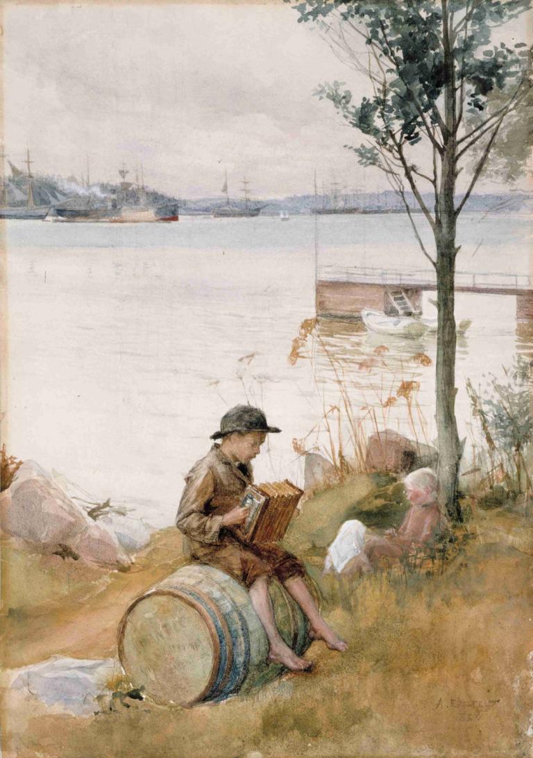 Serenade On The Embankment,Albert Edelfelt,Oil Painting,Oil Painting, barefoot, 1boy, tree, sitting, hat