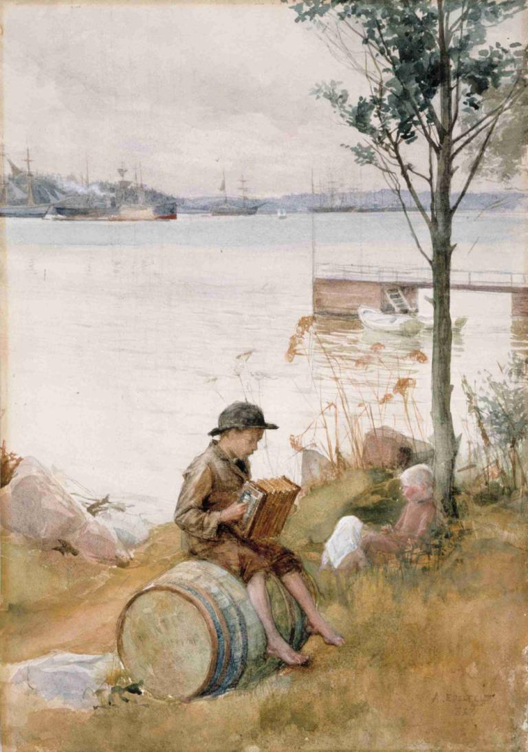 Serenade on the embankment,Serenade op de dijk,Albert Edelfelt,Olieverf,Olieverf, op blote voeten, boom