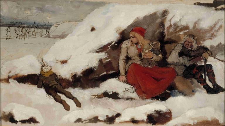 Study For Burned Village,Albert Edelfelt,Oil Painting,Oil Painting, snow, 1girl, hat, multiple boys