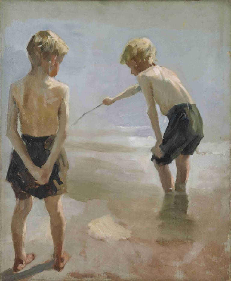 Study for the Boys Playing on the Shore,Albert Edelfelt,Oil Painting,Oil Painting, shorts, short hair