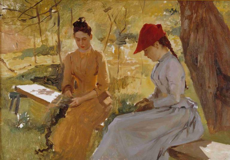 The Artist's Sisters Annie and Berta Binding Garlands,Albert Edelfelt,Oil Painting,Oil Painting, 2girls