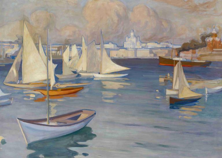 The Nyländska Jaktklubben Harbour in Helsinki,Albert Edelfelt,Oljemålning,Oljemålning, vattenskotrar, båt