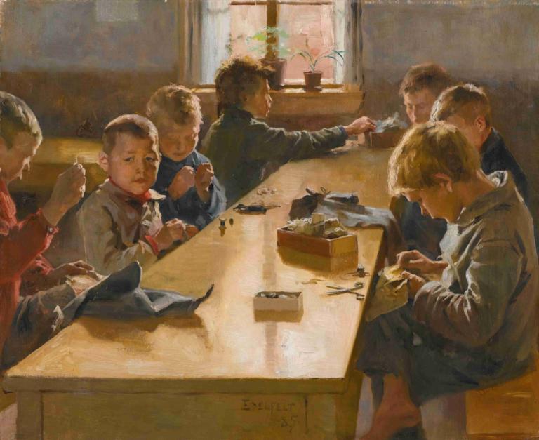 The Boys' Workhouse, Helsinki,Albert Edelfelt,Olejomalba,Olejomalba, více chlapců, okno, uvnitř, rostlina