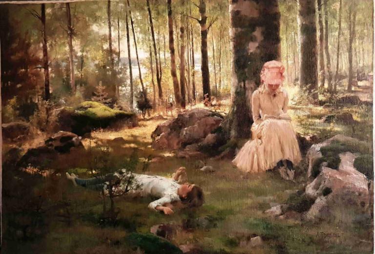 Under the Birches,白樺樹下,Albert Edelfelt,艾伯特·埃德爾費爾特,油畫,油畫, 1個女孩, 自然, 森林, 裙子, 粉紅色的頭髮, 樹, 戶外, 要圓, 坐著, 白色禮服, 草, 獨奏