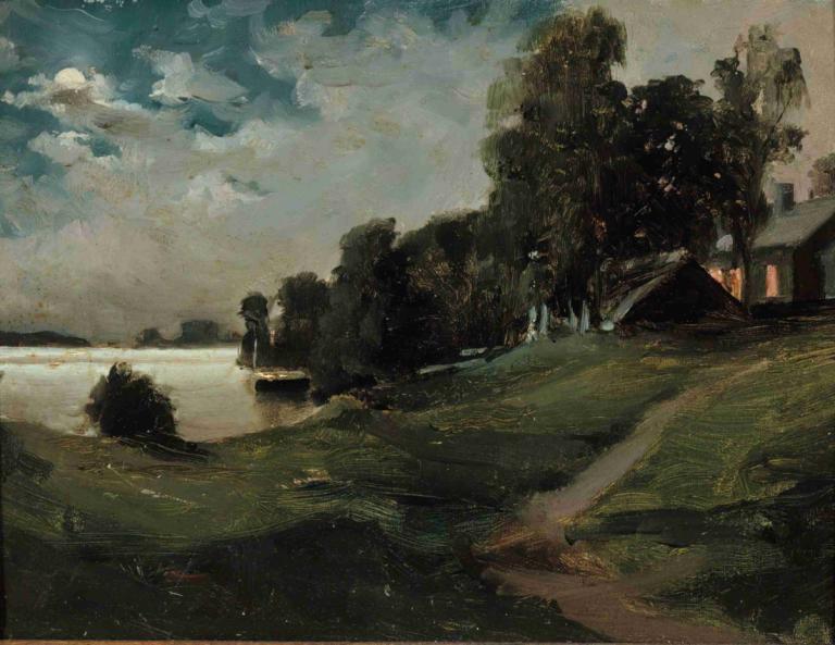 Villa at Haikko in the Moonlight,Albert Edelfelt,Oil Painting,Oil Painting, tree, cloud, outdoors, sky