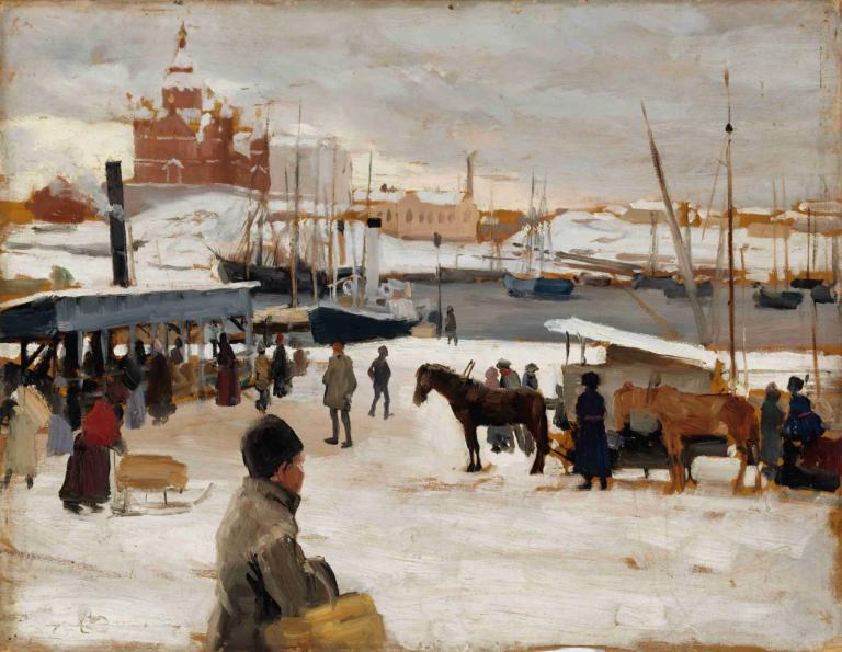 Winter Day In Helsinki Market Square, Study,Albert Edelfelt,Oil Painting,Oil Painting, multiple boys