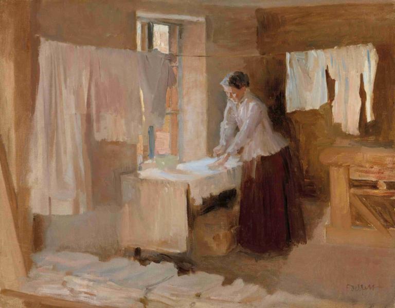 Woman Ironing, Study for the Washerwomen,Albert Edelfelt,Oil Painting,Oil Painting, shirt, white shirt