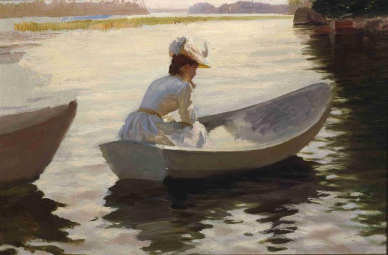 Woman in a boat,Albert Edelfelt,Oil Painting,Oil Painting, 1girl, boat, solo, watercraft, hat, water