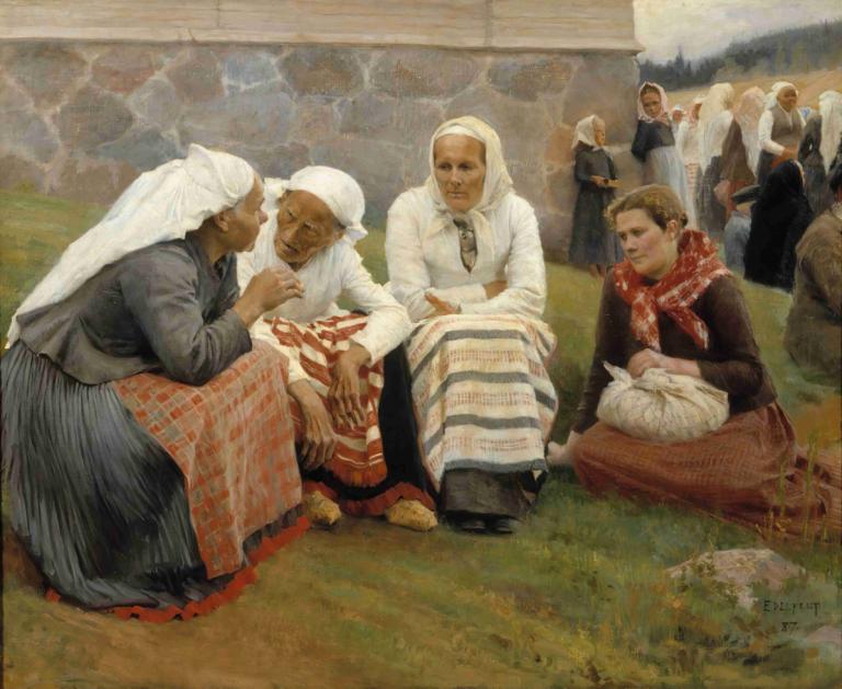 Women Outside The Church At Ruokolahti,Ženske pred cerkvijo v Ruokolahtiju,Albert Edelfelt,Oljna slika