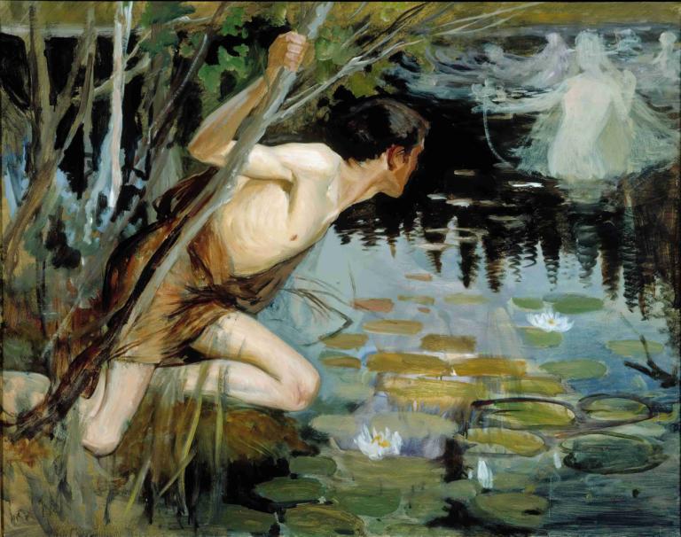 Youth And A Mermaid, Sketch,Albert Edelfelt,Oil Painting,Oil Painting, 1boy, male focus, lily pad, water