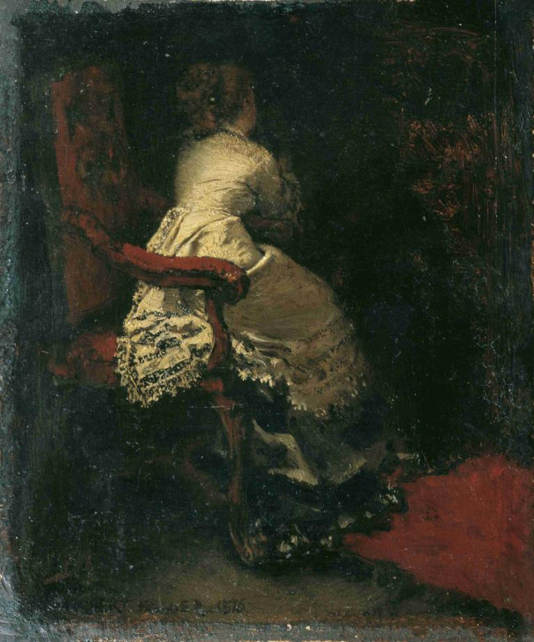 Dame im Lehnstuhl,Albert von Keller,Oil Painting,Oil Painting, solo, chair, 1girl, dress, sitting