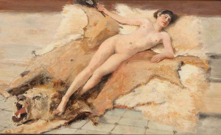 Female Nude on a Lion Pelt,Nudo femminile su una pelle di leone,Albert von Keller,Pittura ad olio