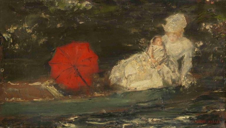 Frau und Kind im Freien mit rotem Parasol,Albert von Keller,Ölgemälde,Ölgemälde, Regenschirm, Wasser