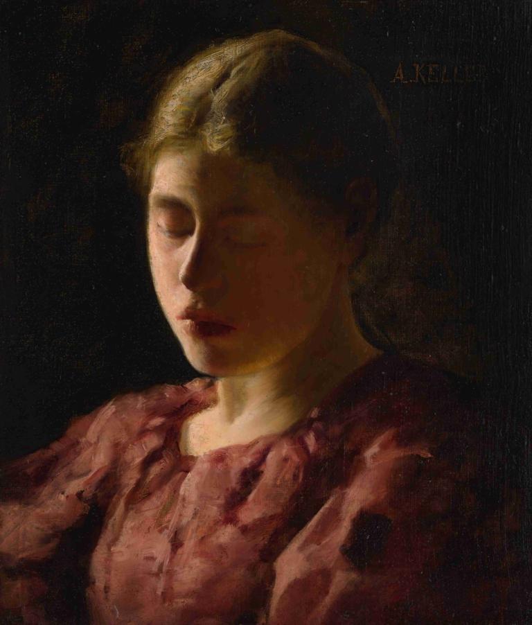 Melancholy,Albert von Keller,Oil Painting,Oil Painting, solo, 1girl, closed eyes, blonde hair, upper body