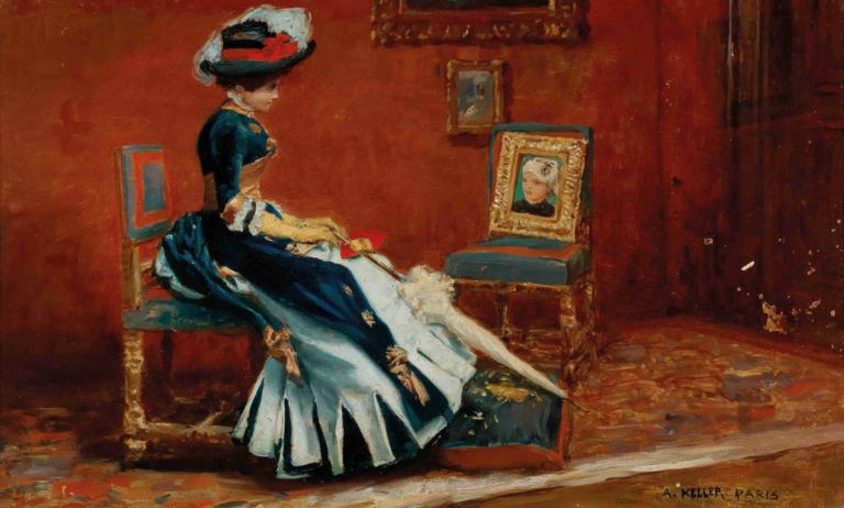 Paris, A Young Lady In A Gallery,パリ、ギャラリーの若い女性,Albert von Keller,アルバート・フォン・ケラー,油絵,油絵, 1女の子, ドレス, 絵画（オブジェクト）