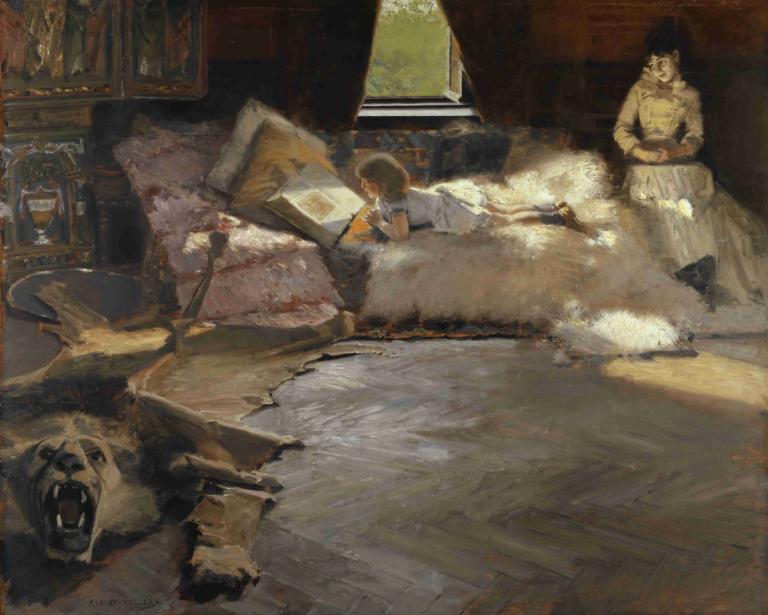 The Storybook,Het verhalenboek,Albert von Keller,Olieverf,Olieverf, schilderij (object), bed, binnenshuis