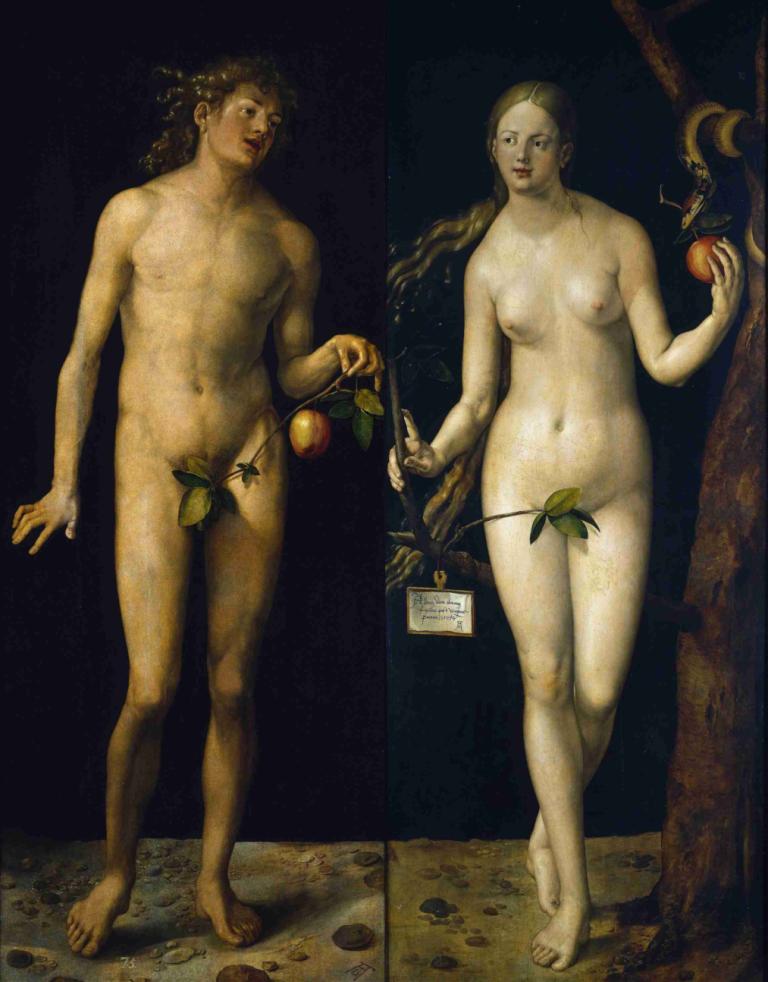 Adam And Eve,Albrecht Dürer,Oil Painting,Oil Painting, fine art parody, nude, fruit, food, apple, 1girl